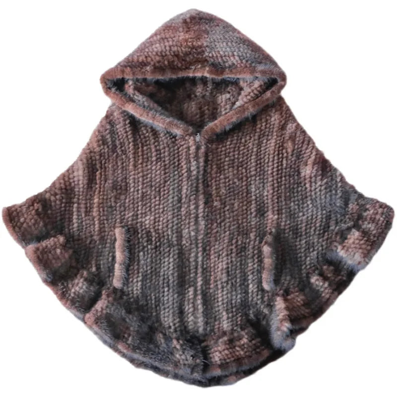 Knitted Real Mink Fur Hooded Ponchos