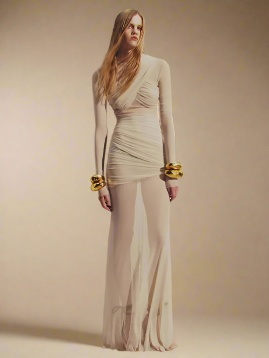 Mesh Ruched Long Sleeves Dresses