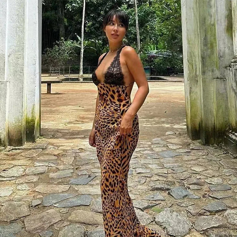 Leopard Print Halter Backless Dresses