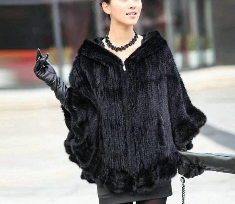 Knitted Real Mink Fur Hooded Ponchos