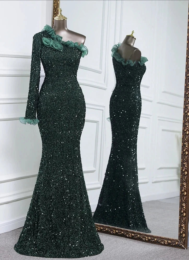 Sequins One Sleeve Lace Floor-Length Dresses