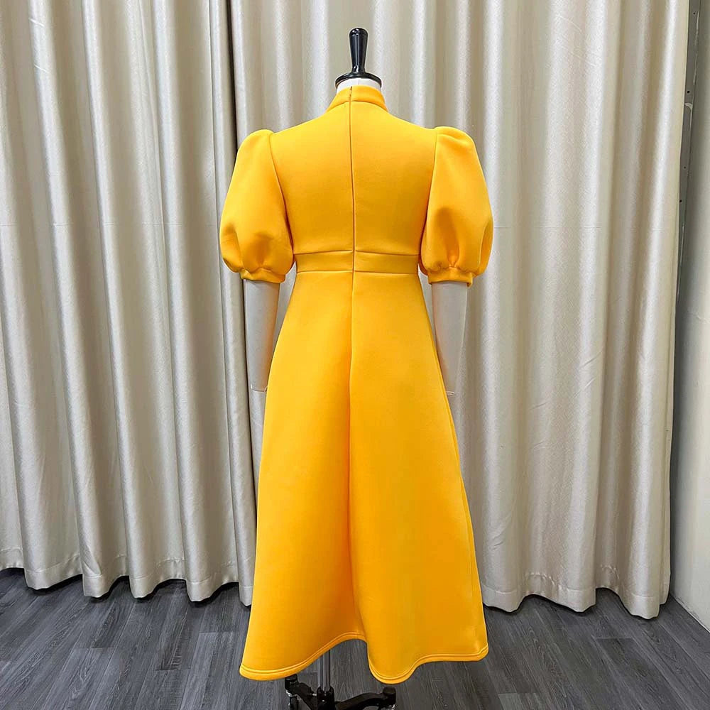 Neck Bow Puff Short Sleeve Long Dresses