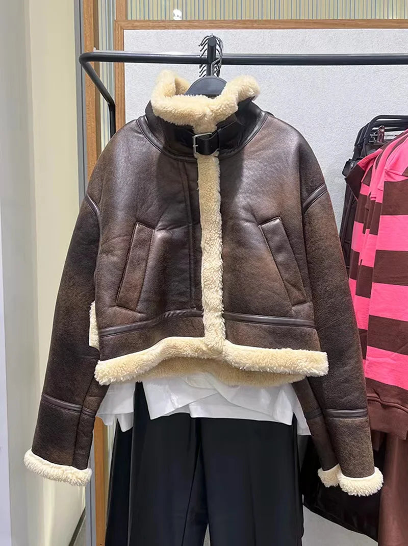 PU Leather Moto Jacket Faux Fur Short