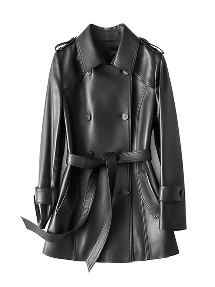 Sheepskin Coat Women's Winter New Fashion Lapel Double-Breasted Belt Waist Closing Medium to Long Genuine Leather Jacket Trench