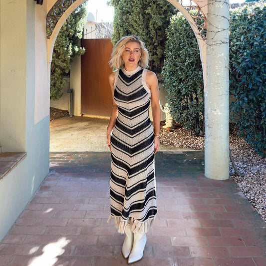 Stripe Knitted Tassel Sleeveless Long Dresses