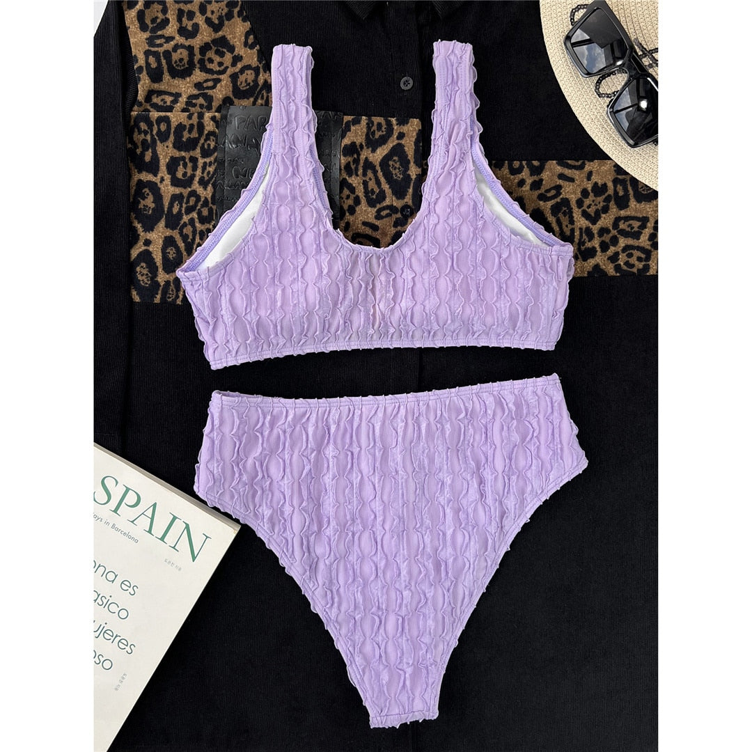 Purpled Wrinkled V Padded High Waist Bikini