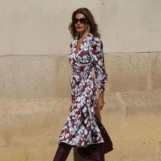 Floral Print Robe Long Sleeve Maxi Dress