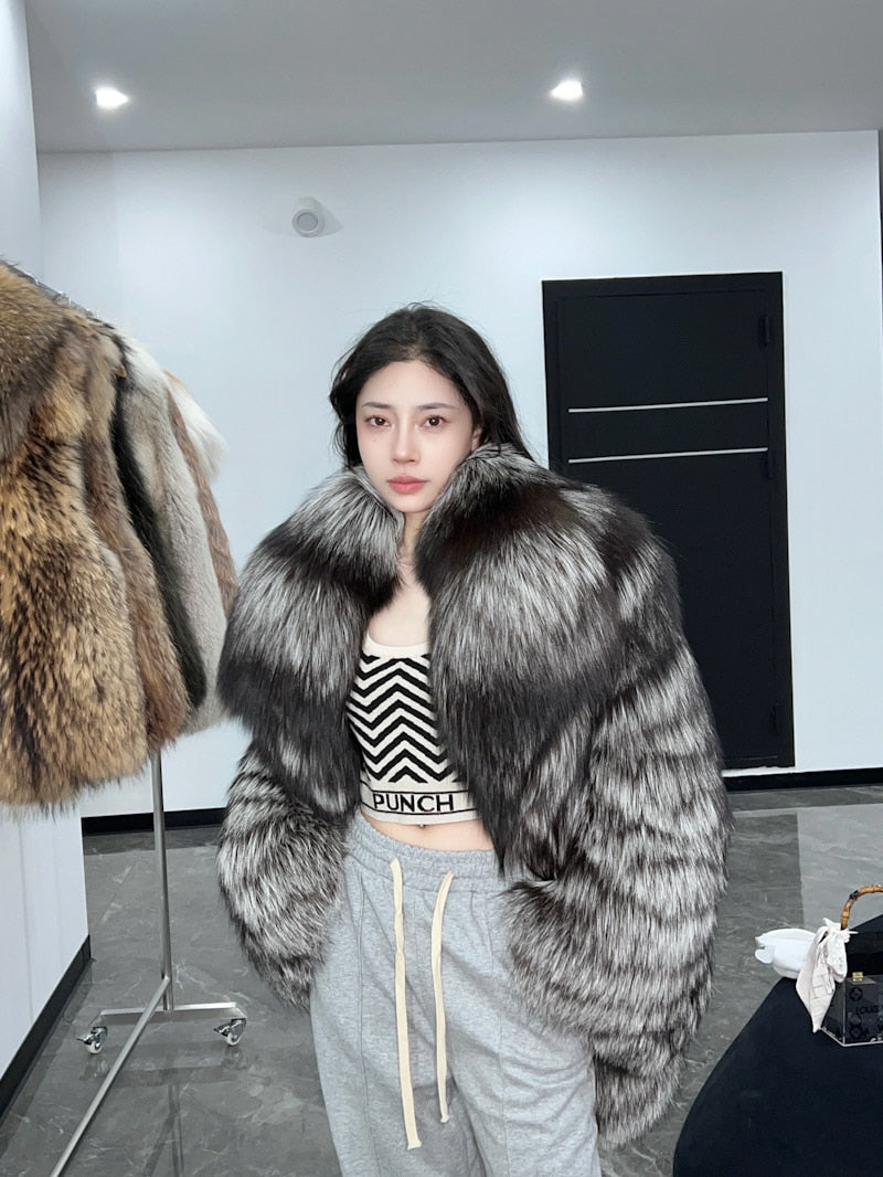 Dark Silver Big Collar Real Fur Coat