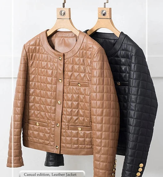 Genuine Leather Short Jacket Round Neck