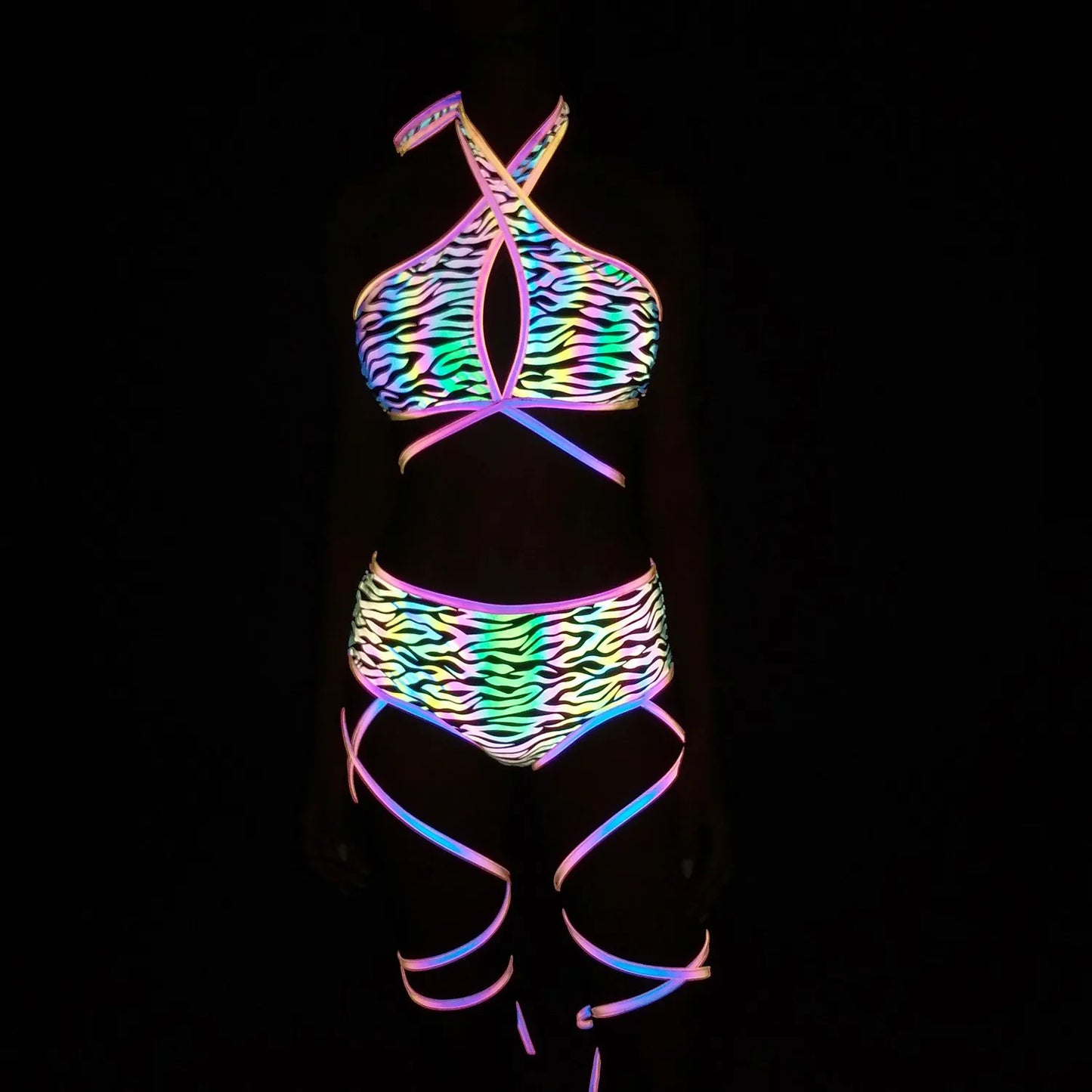 Colorful Reflective Bandage Shorts+Bra+Crop Sets
