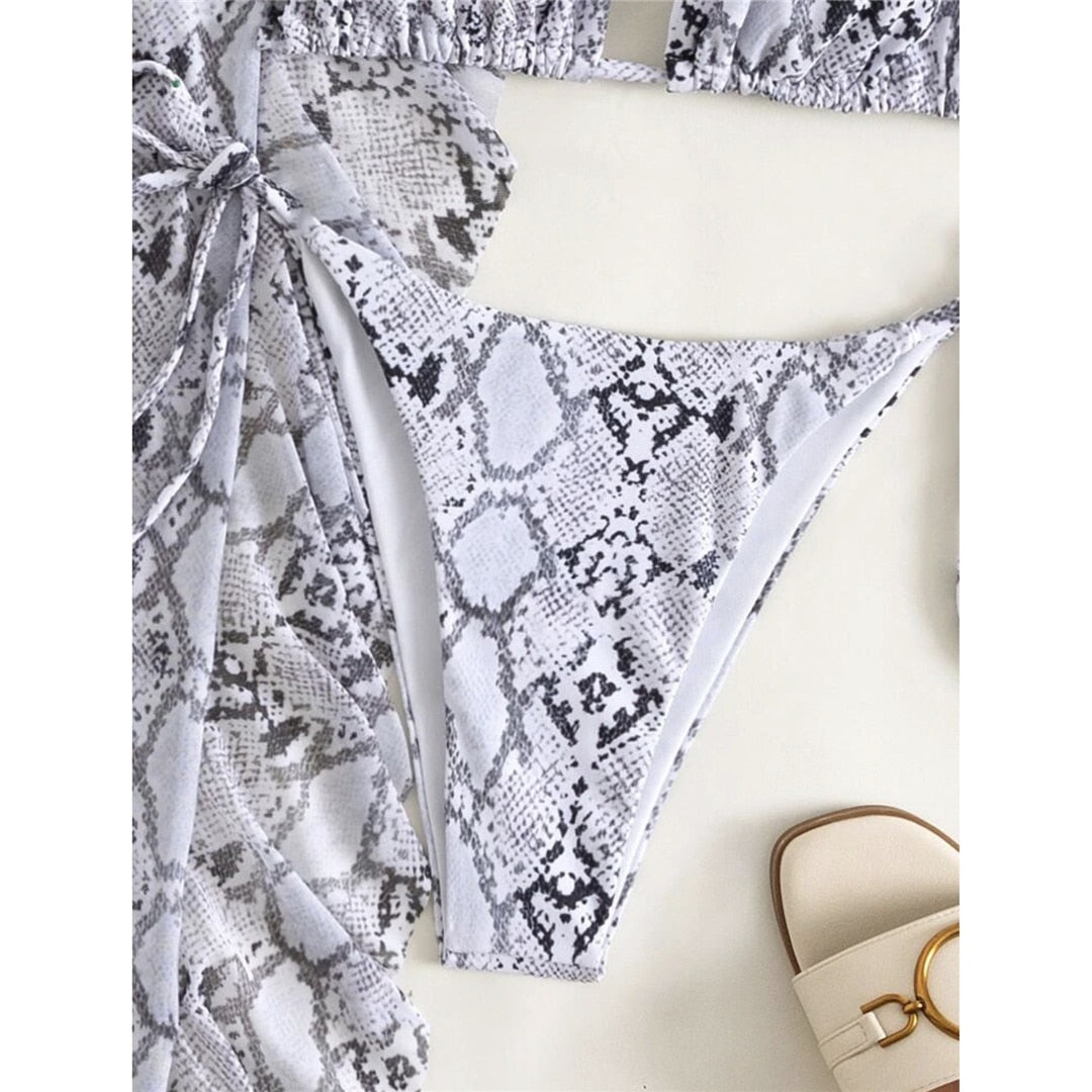 Snake Print Ruffled Bikini Set & Beach Pants
