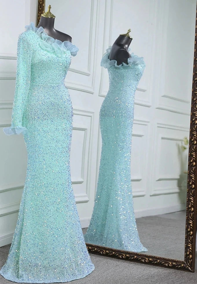 Sequins One Sleeve Lace Floor-Length Dresses