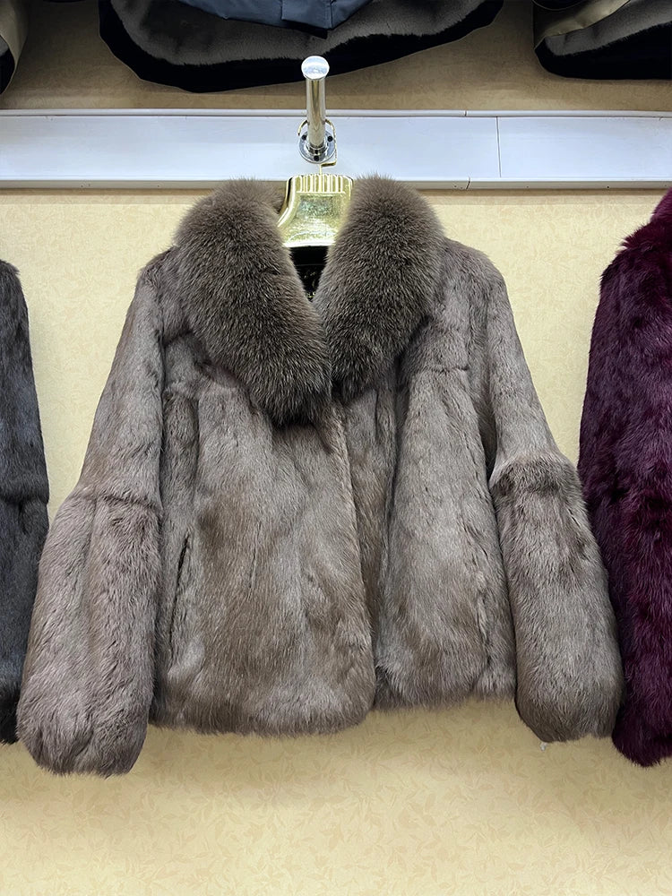 Short Real Rabbit Fur Coats Fox Fur Collar