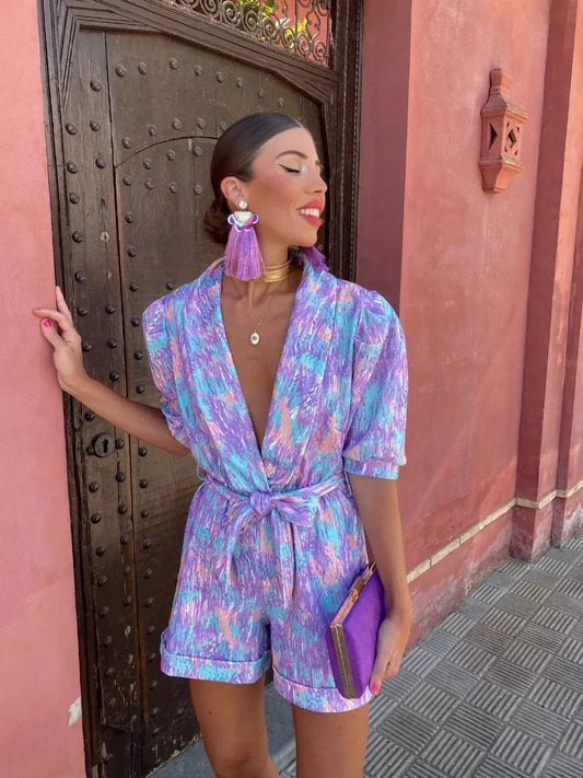 V Puff Short Sleeve Blazer Rompers