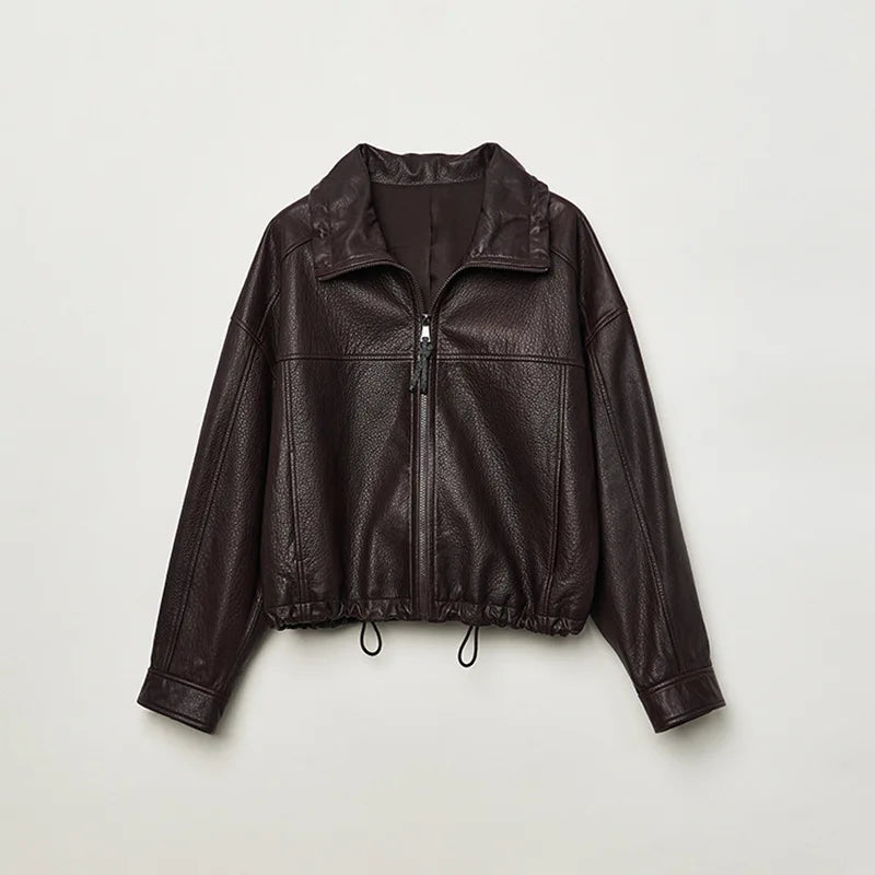 Real Leather Jacket Women Autumn High Stand Collar Drawstring Double Zippers Locomotive Retro Short Sheepskin Coat Kurtka Damska