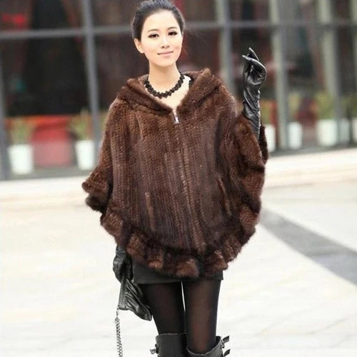 Knitted Real Mink Fur Hooded Ponchos