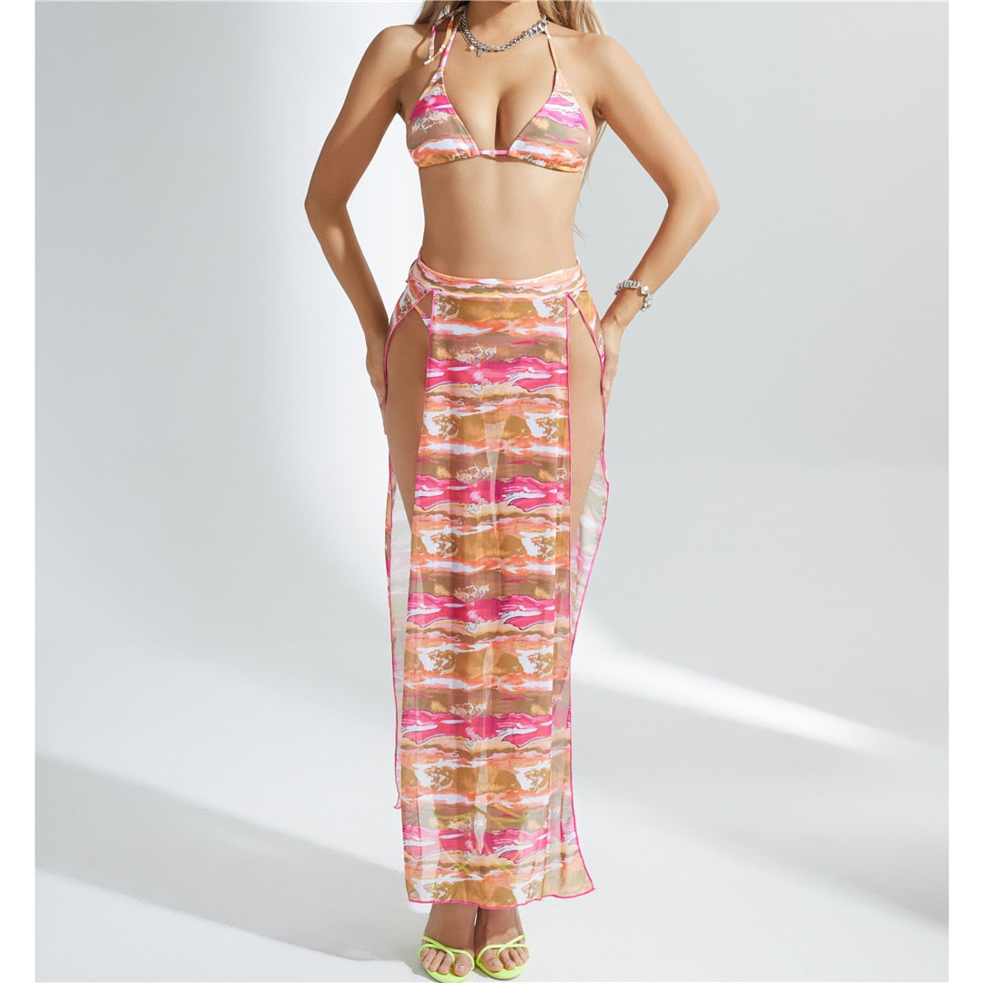 Print Halter Bikini Set & Long Skirt