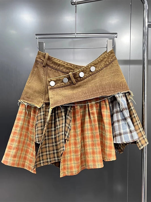 Denim Patchwork Irregular Plaid Mini Skirt