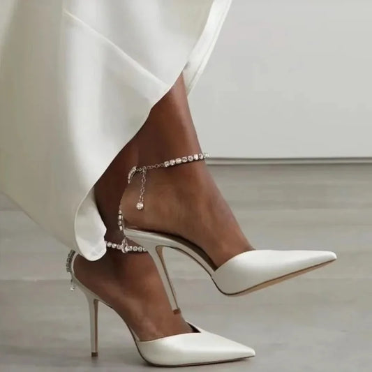 Satin Rhinestone Chain High Heels Shoes Pumps