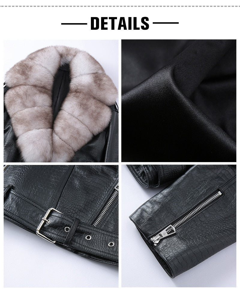 Reptile Genuine Leather Jacket Real Fox Fur Collar