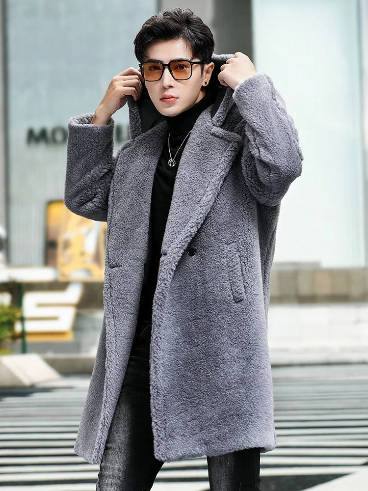 Cashmere Shearling Fur Hooded Long Wool Coat