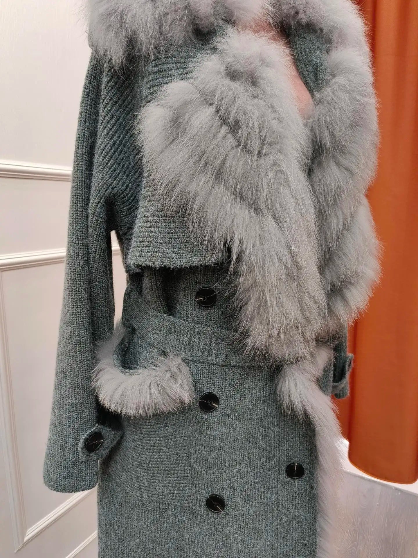 Real Fur Knitted Collar Long Wool Coats