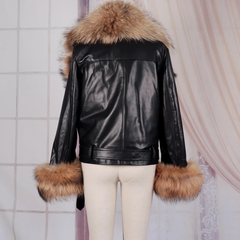 Genuine Leather Real Collar & Cuff Fur Coats