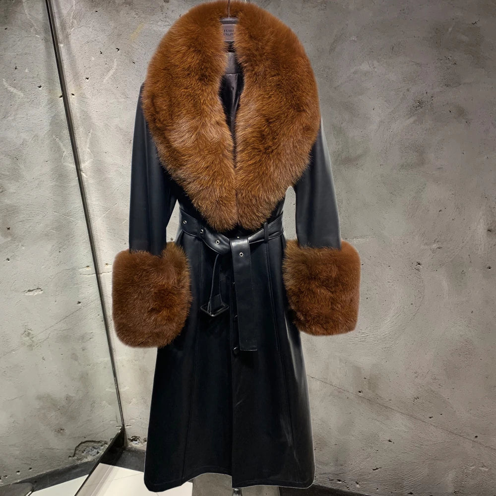 Genuine Leather Trench Coats Big Real Fur Collar Cuff