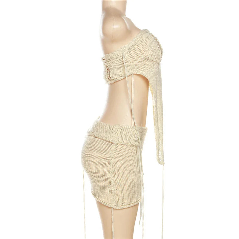 Irregular Knitted Strapless Crop Top & Mini Skirt Sets