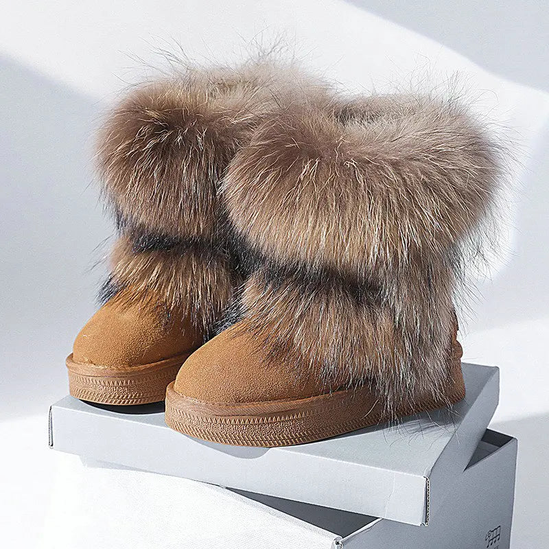 Genuine Leather Waterproof Snow Boots Real Fur