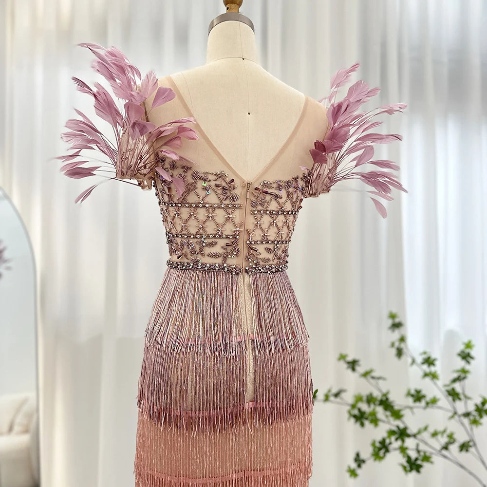 Lilac Shoulder Feathers Tassel Long Dress