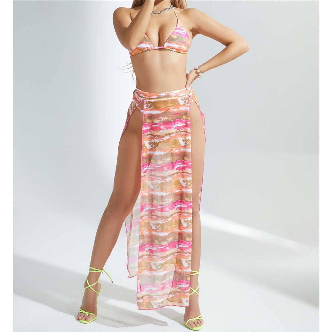 Print Halter Bikini Set & Long Skirt