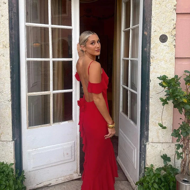 Off-shoulder Strap Backless Maxi Dresses