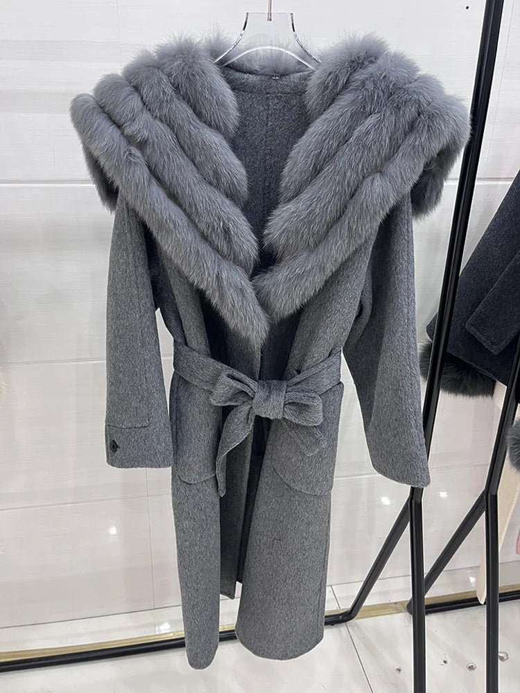 Long Cashmere Wool Coats Real Fur Collar