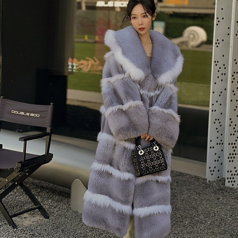 Luxury X-Long Fur Coat Detachable Big Fur Collar