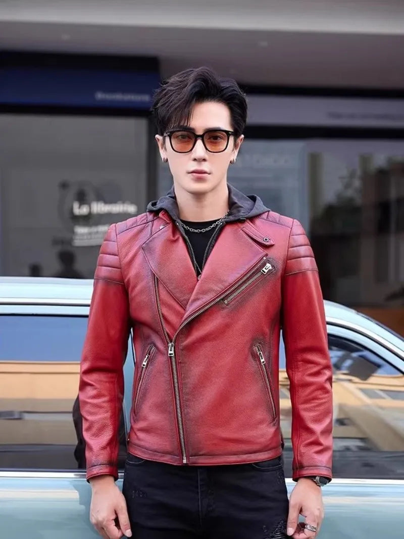 Red Moto Genuine Leather Jacket Removable Hooded