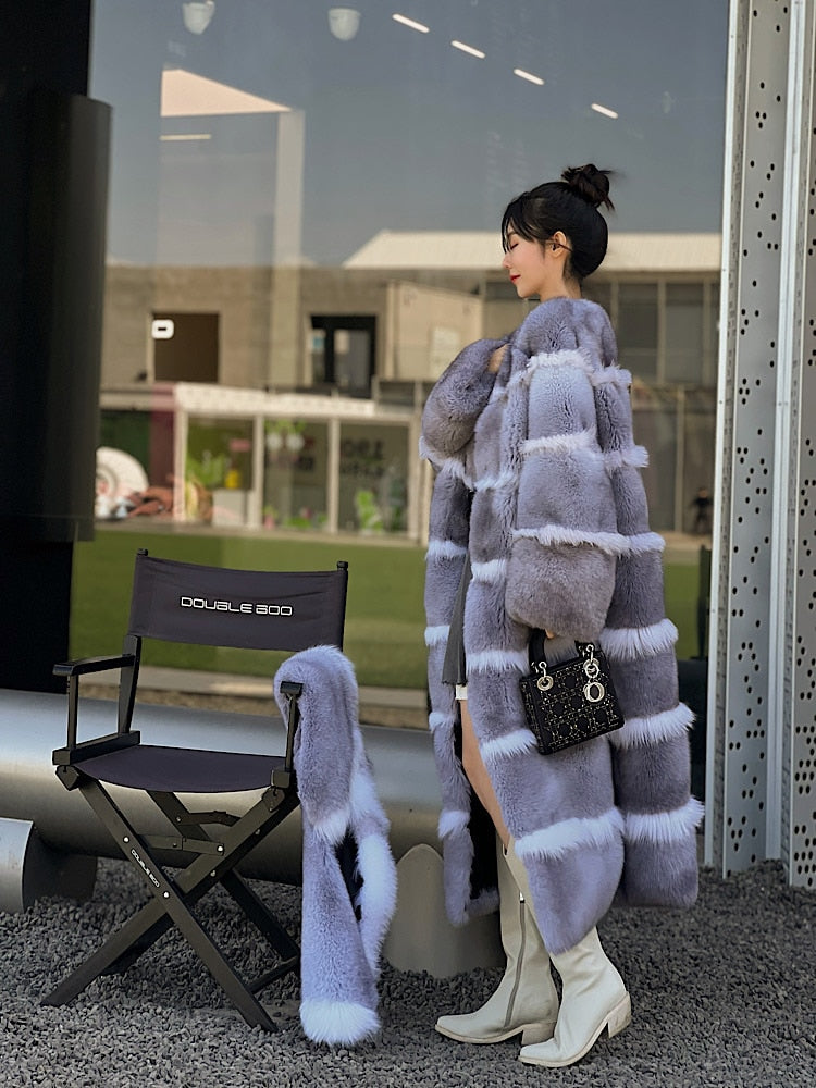 Luxury X-Long Fur Coat Detachable Big Fur Collar