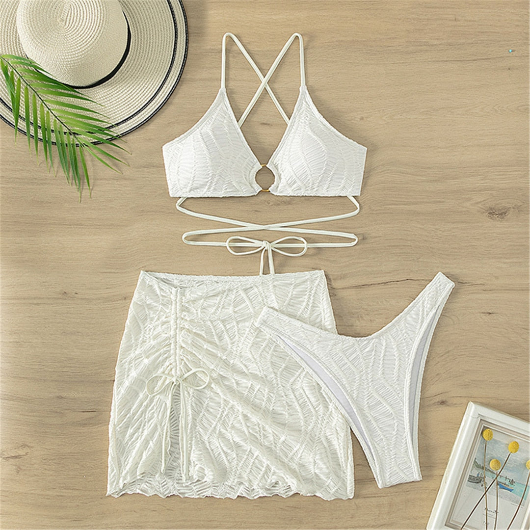 White Wrinkled Halter Bikini 3 Pieces Set