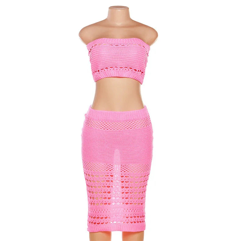 Hollow Knitted Crops & High Waist Midi Skirts Sets