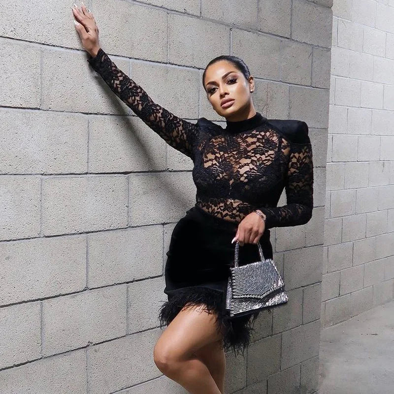 Lace See Through Long Sleeve Mini Dress