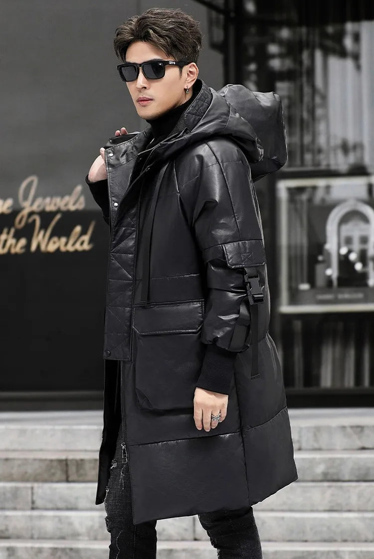 Genuine Leather Long Trench Down Coat Hooded