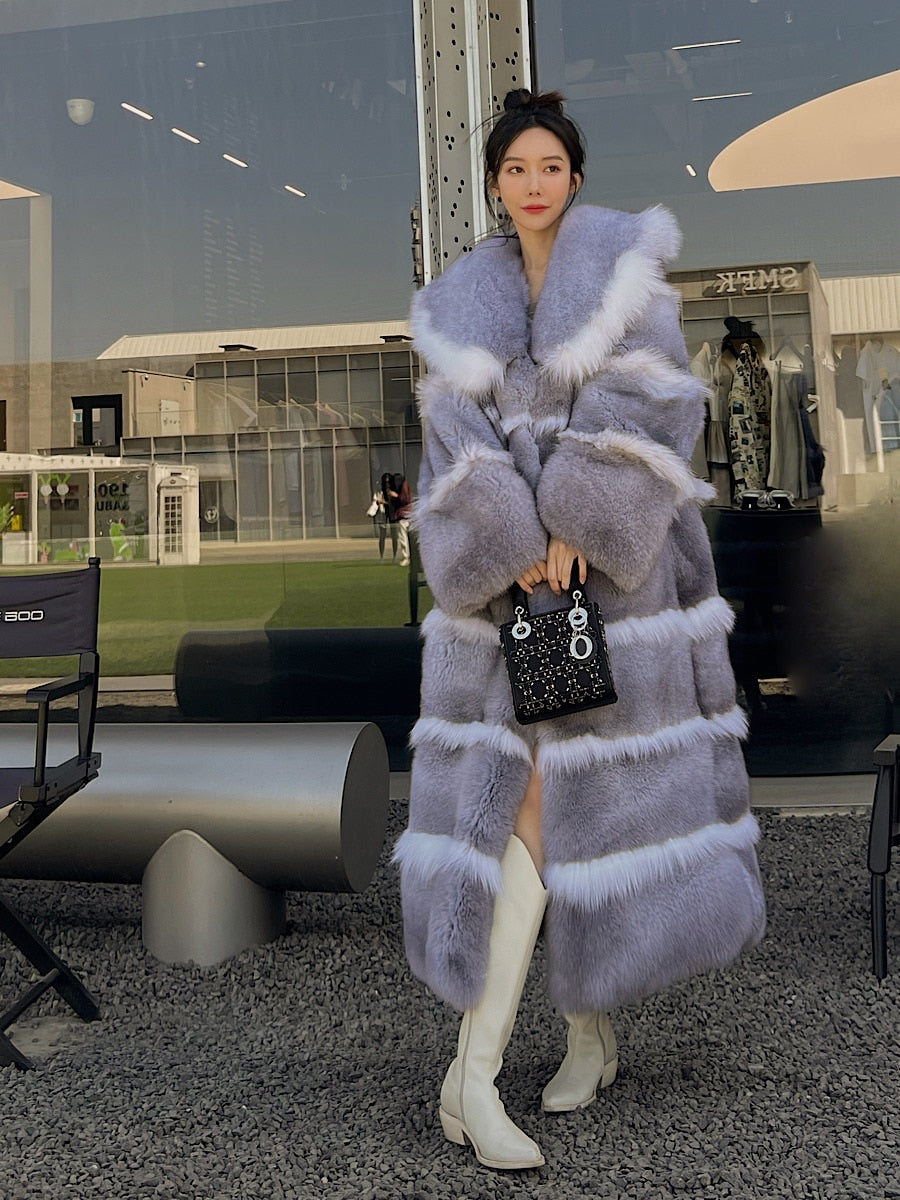 Luxury X-Long Fur Coat Detachable Big Fur Collar