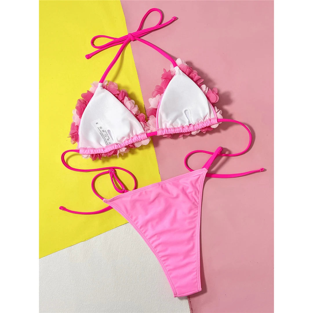 3D Flowers Halter High Cut Bikini Set