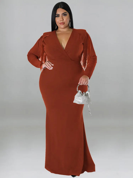 Tassel Shoulders Deep V Maxi Dresses Plus Size