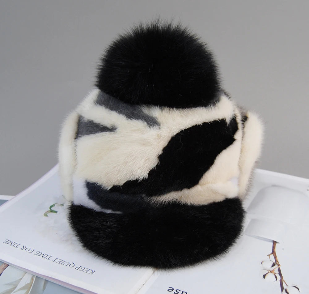 Colorful Real Mink Fur Bomber Hats Fur Pompom