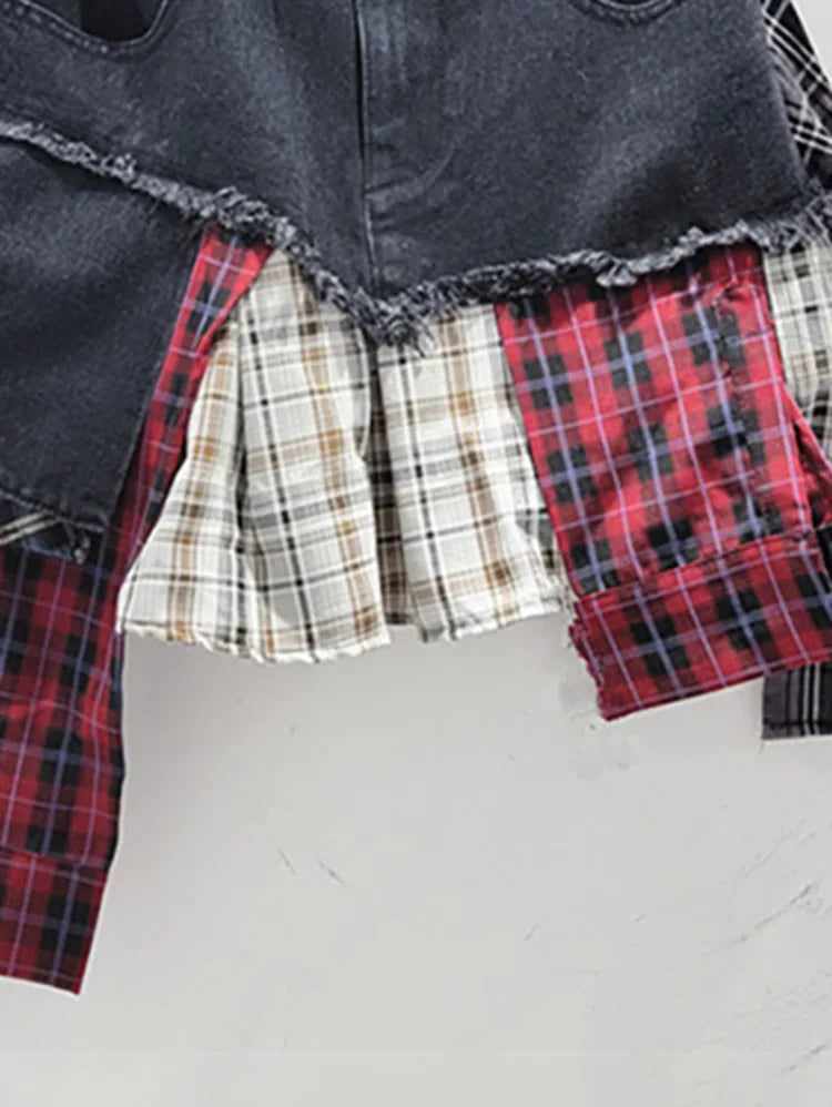 Denim Plaid Patchwork Irregular Mini Skirts