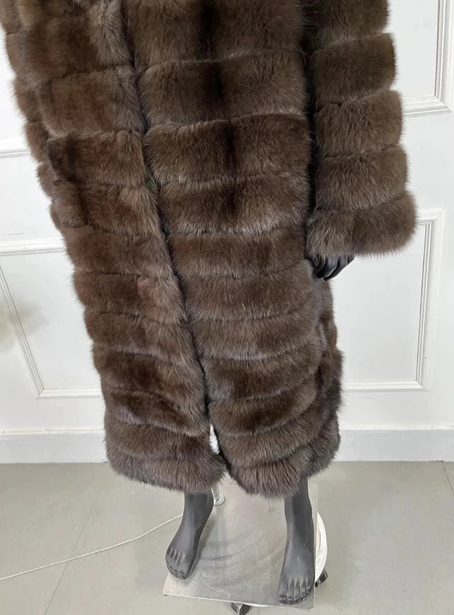 Brown Pattern Real Fox Fur Long Coat