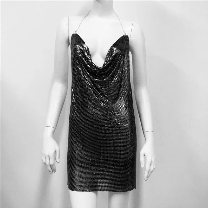 Metal See Through Backless Mini Dresses