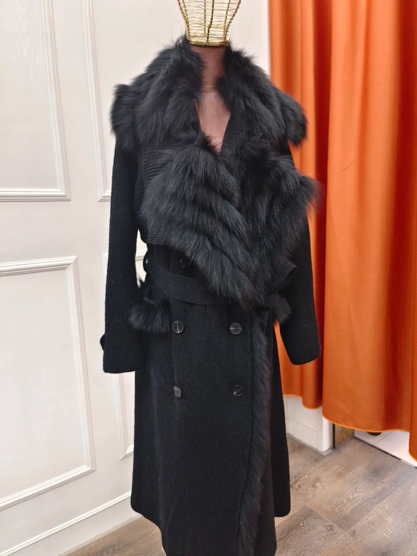 Real Fur Knitted Collar Long Wool Coats