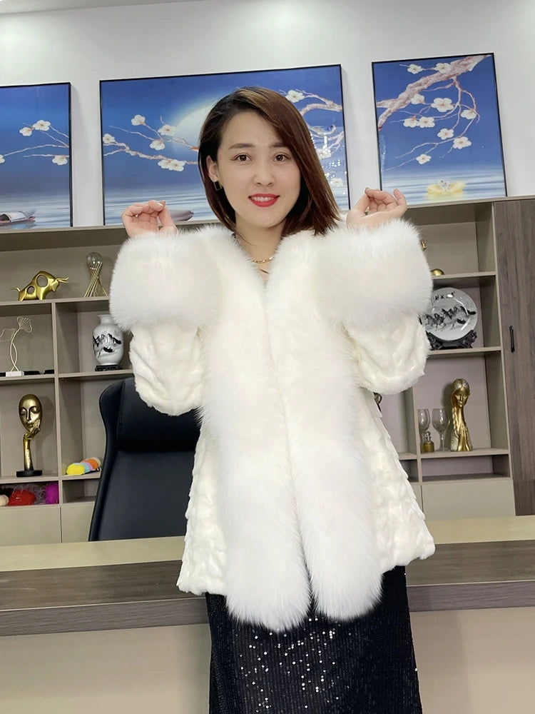 Real Mink Fur Coat Fox Fur Collar and Cuffs